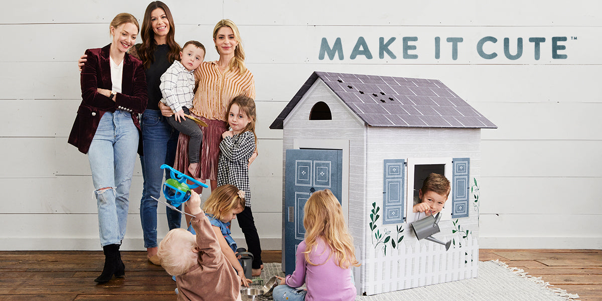 Family with children playing around a children's playhouse with 'Make It Cute' branding.