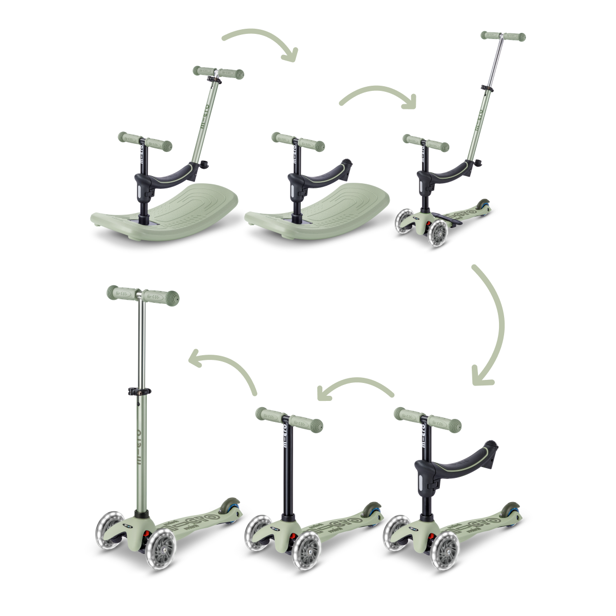 Micro Kickboard -  Mini Deluxe Rock & Go LED Scooter - Olive Sage -  Outdoor