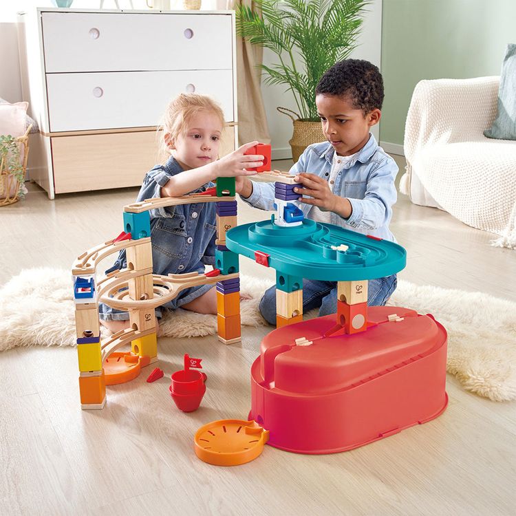  Hape -  Quadrilla Stack Track Bucket Set Wooden Marble Run Blocks -  STEM