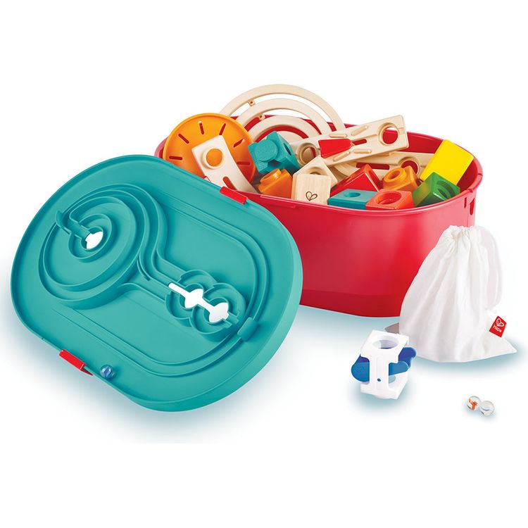  Hape -  Quadrilla Stack Track Bucket Set Wooden Marble Run Blocks -  STEM