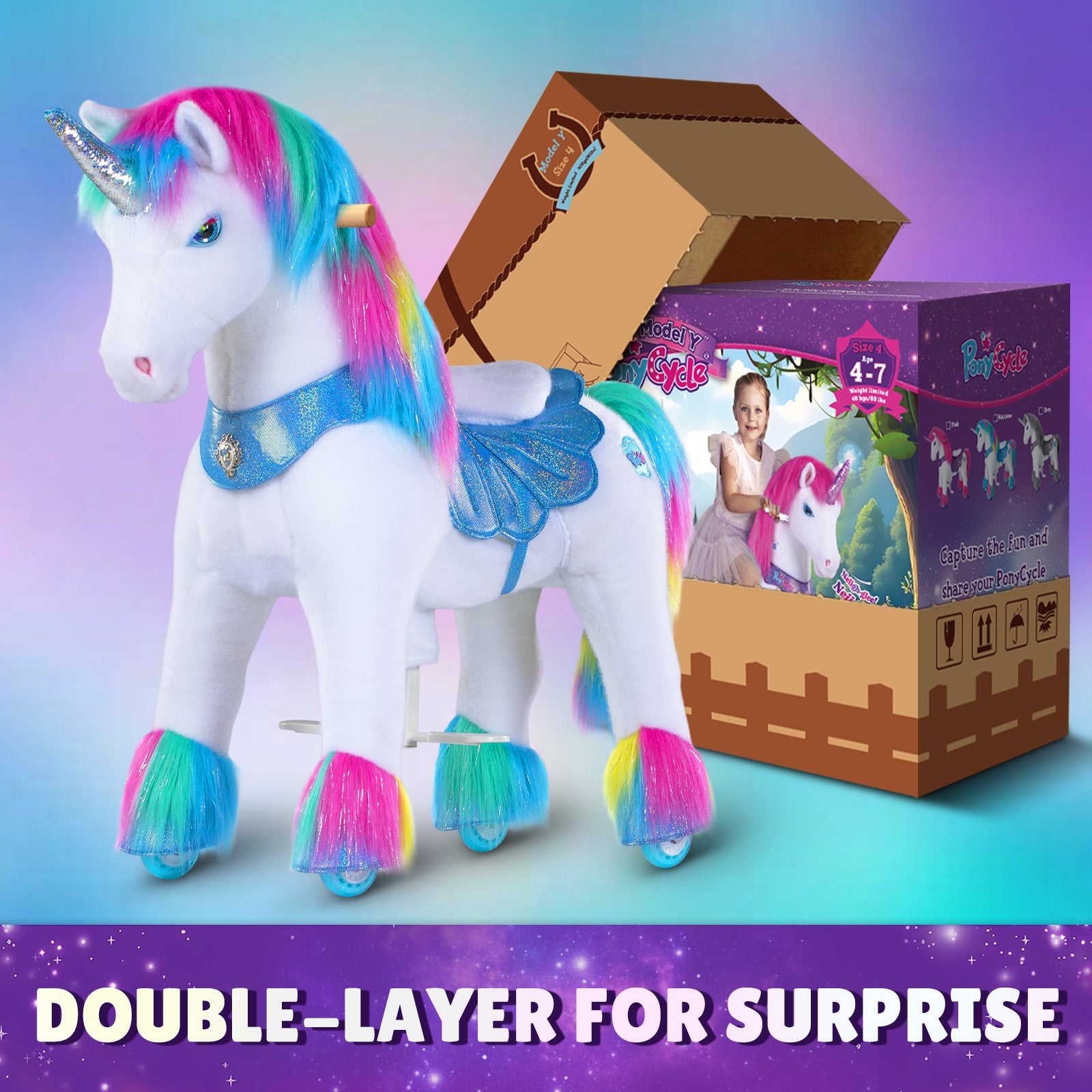  PonyCycle, Inc. -  Rainbow Unicorn Model Y Ride on Toy - 4-7 Years -  Outdoor