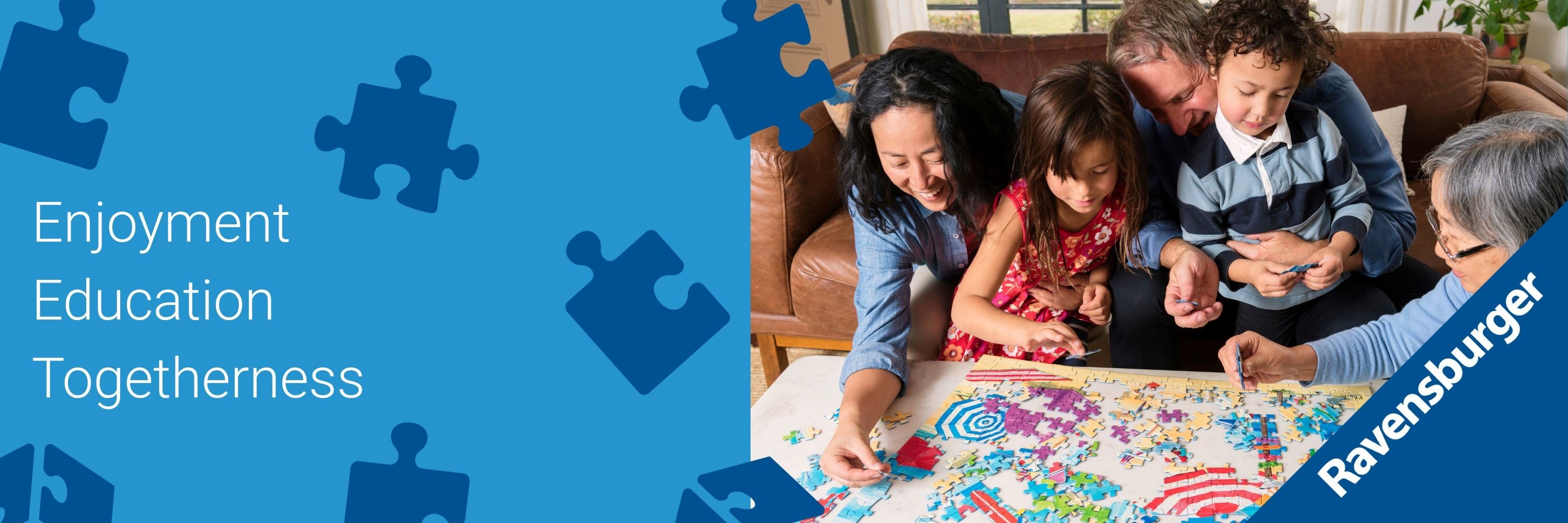 Family playing with a puzzle on a couch, with Ravensburger branding.