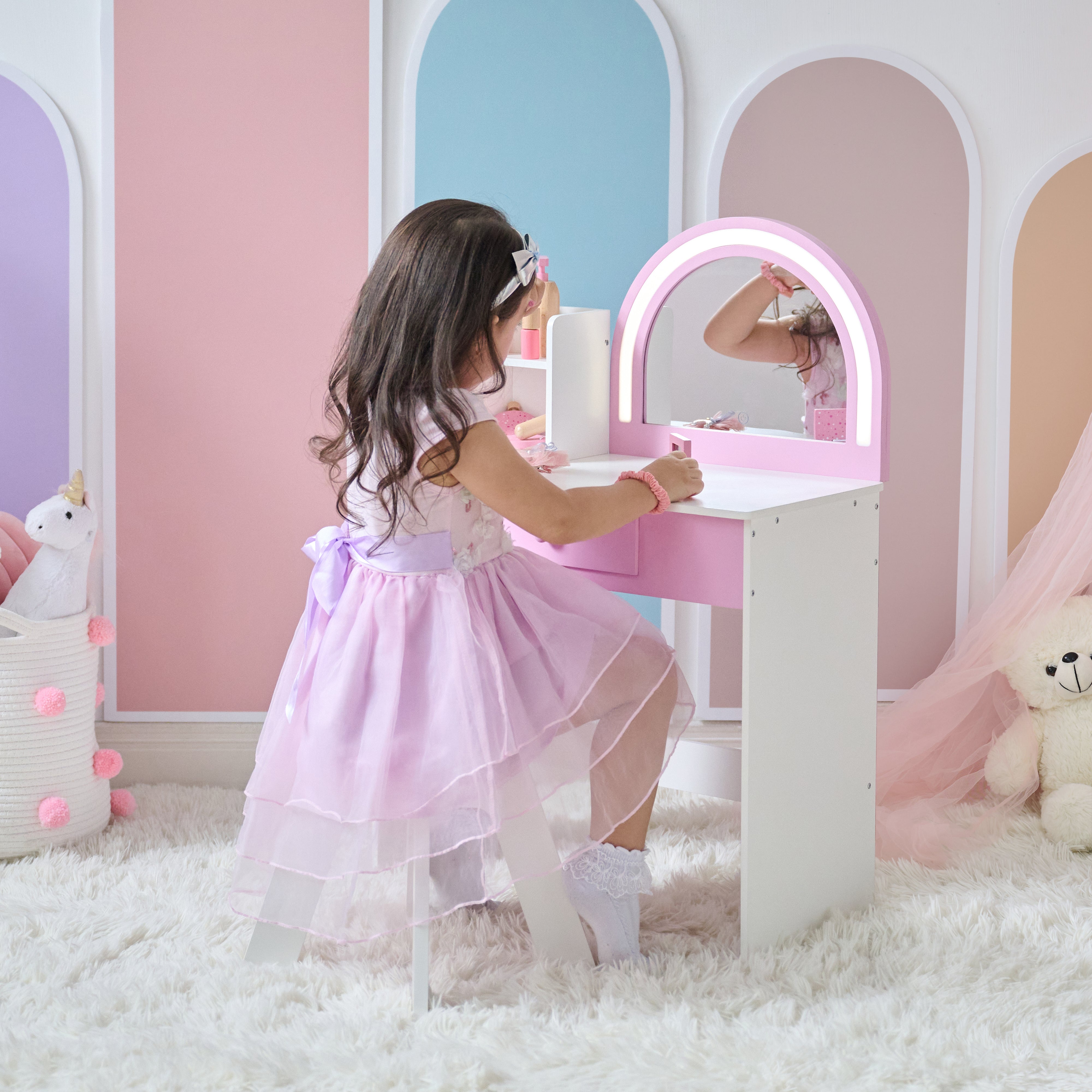  Teamson Kids -  Rosé Shine Wood Vanity & Desk with LED Mirror & Stool - Pink/White -  Room Decor