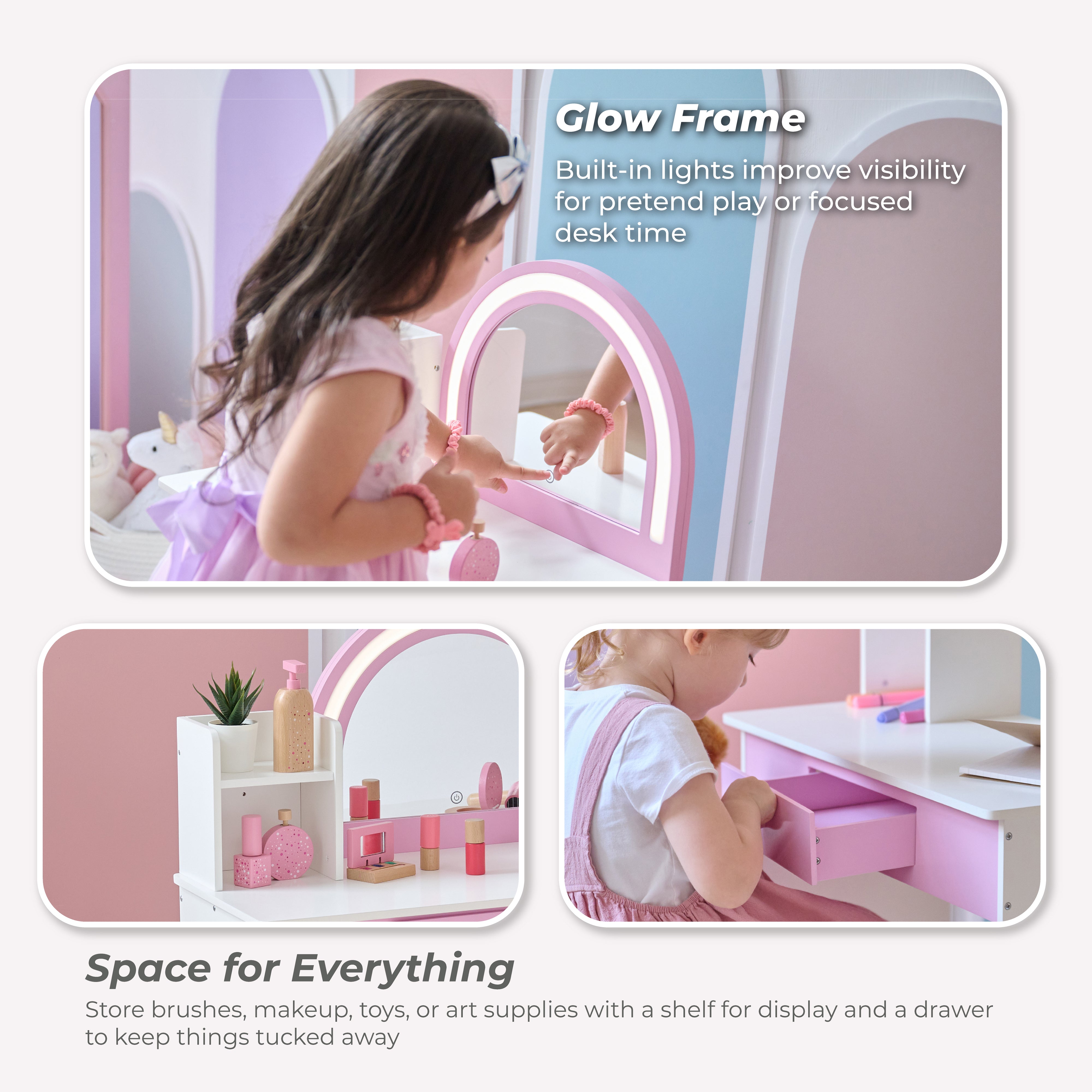  Teamson Kids -  Rosé Shine Wood Vanity & Desk with LED Mirror & Stool - Pink/White -  Room Decor