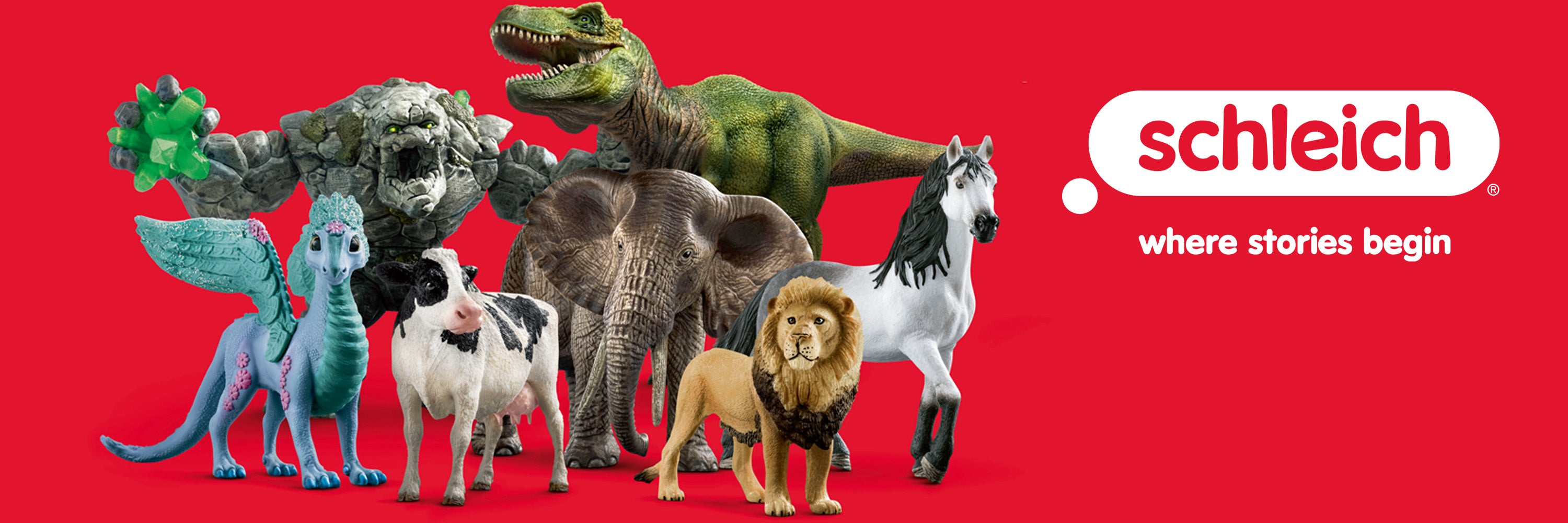 Schleich toy dinosaurs and animals on a red background with Schleich logo.