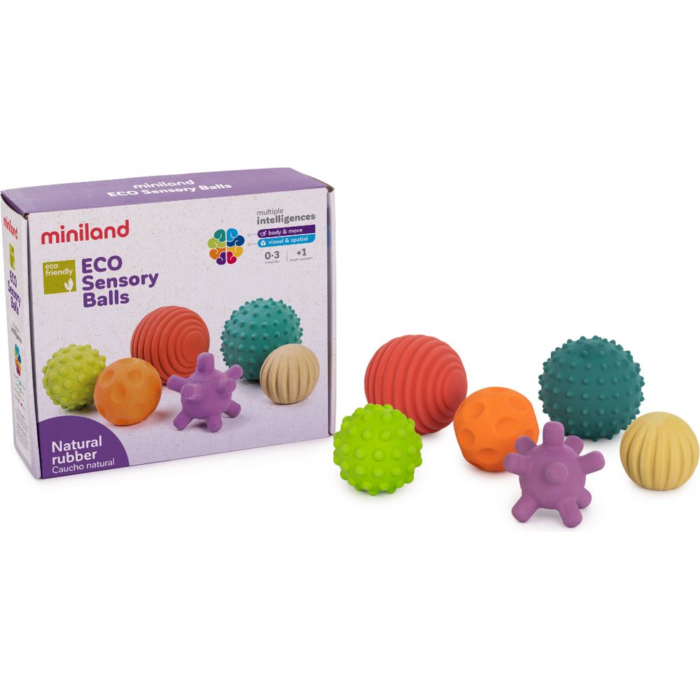 miniland -  Set of 6 Natural Rubber Sensory Balls -  Infants