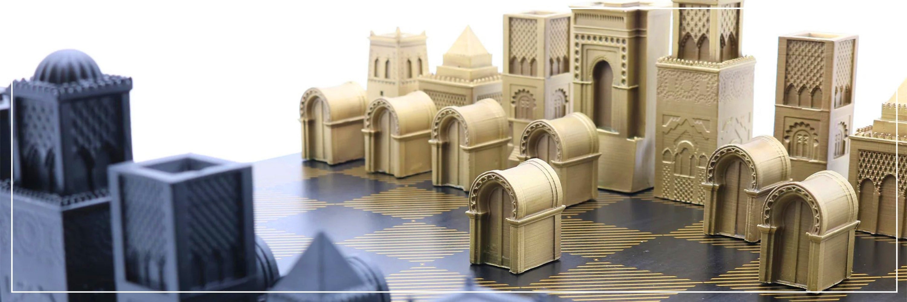 3D-printed architectural models on a chessboard