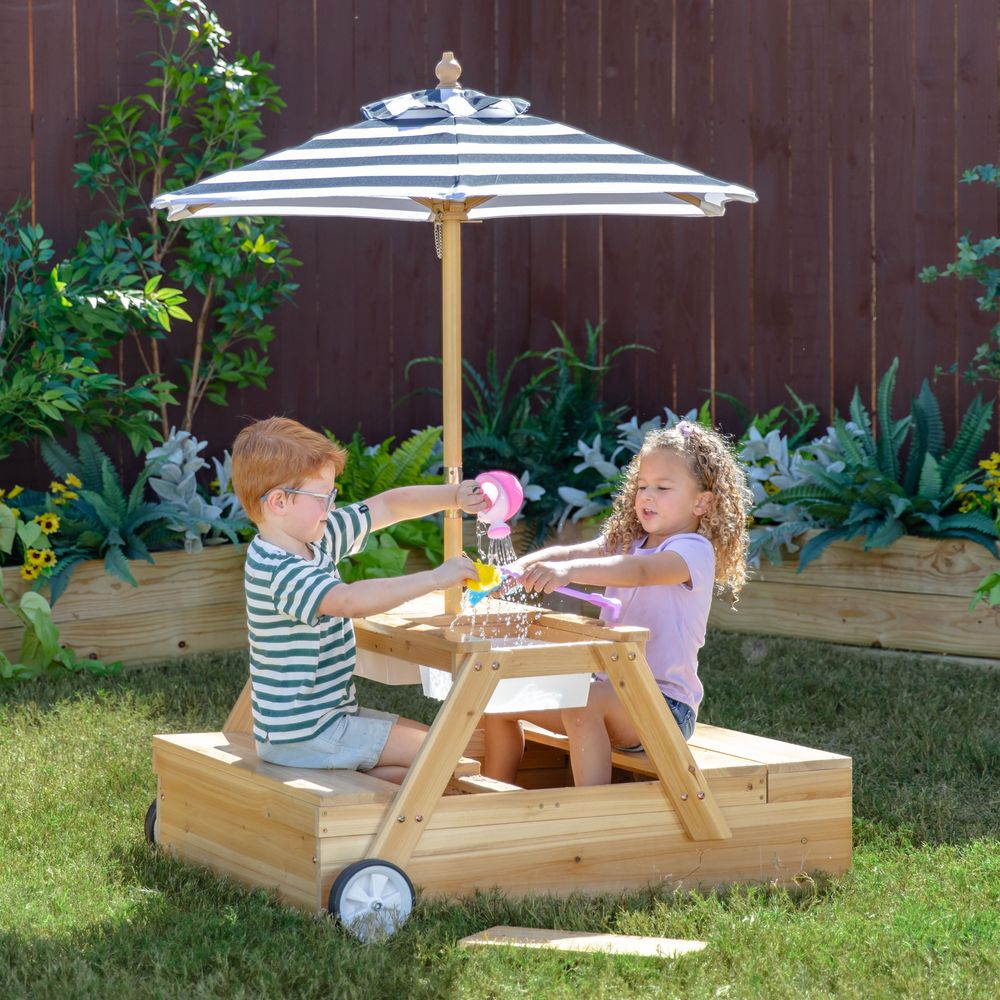 Teamson Kids -  Sorrento Wooden 2-in-1 Picnic Table with Sandbox & Umbrella -  Outdoor