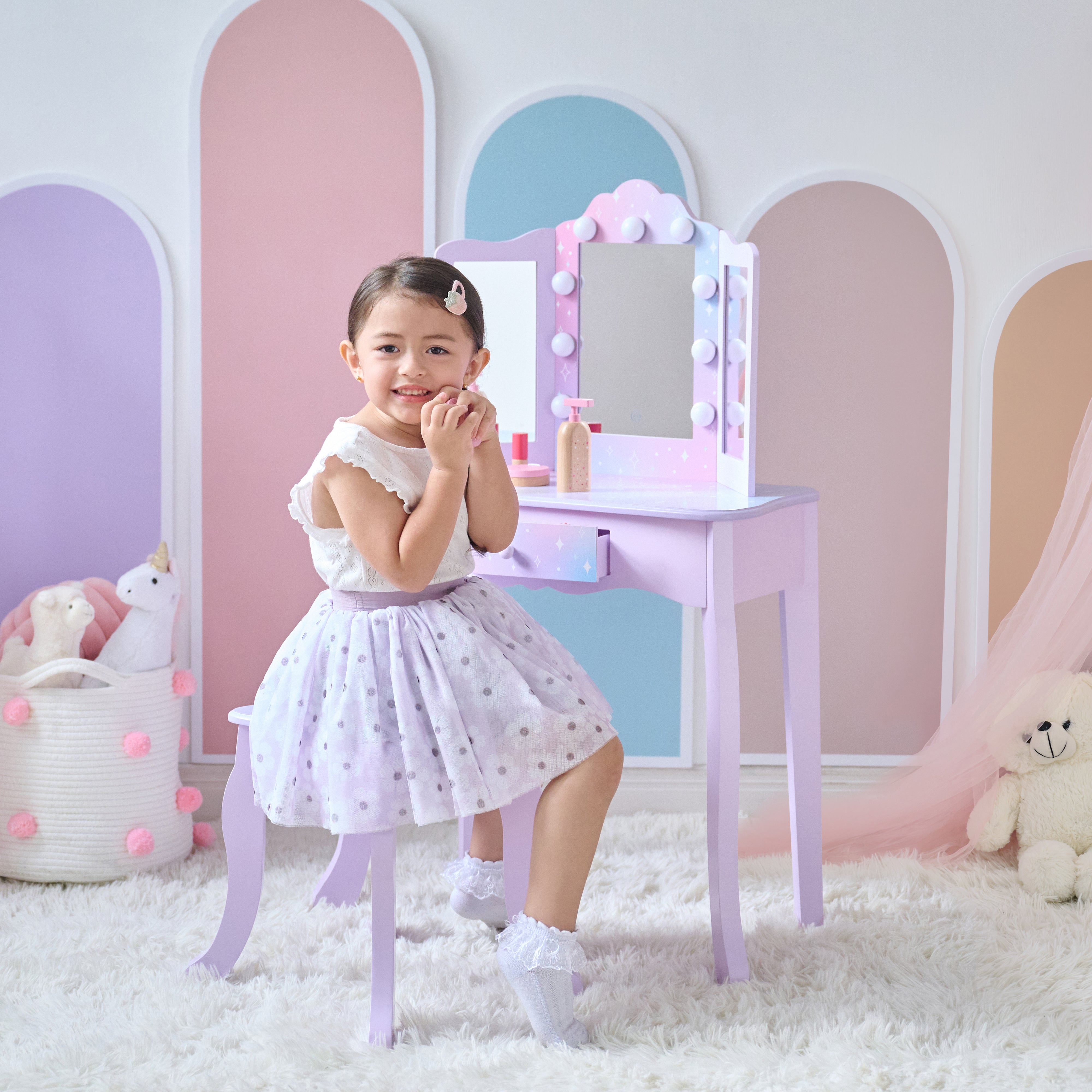  Teamson Kids -  Stardust Gisele Wood Vanity Table with LED Mirror & Drawer - Purple -  Room Decor