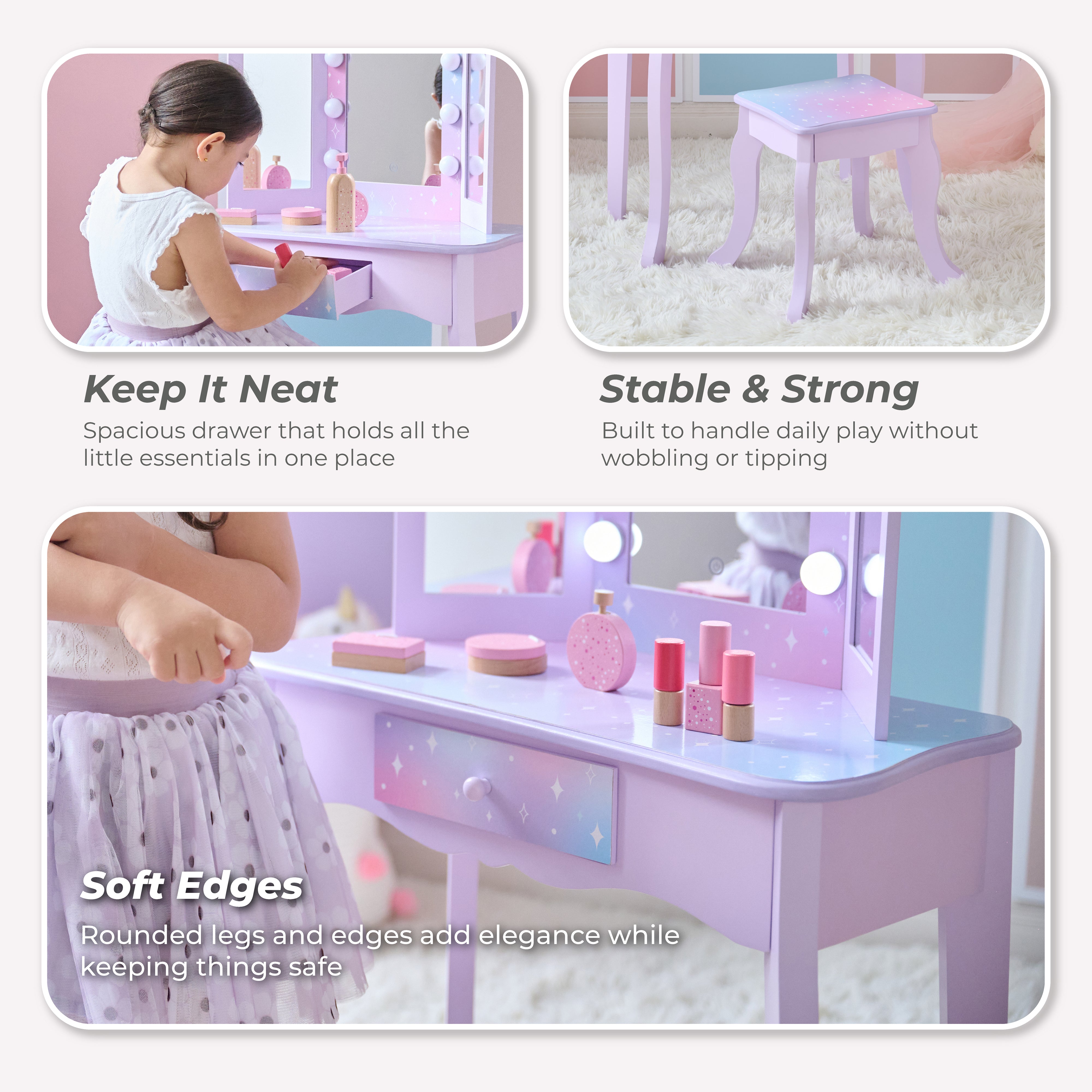  Teamson Kids -  Stardust Gisele Wood Vanity Table with LED Mirror & Drawer - Purple -  Room Decor
