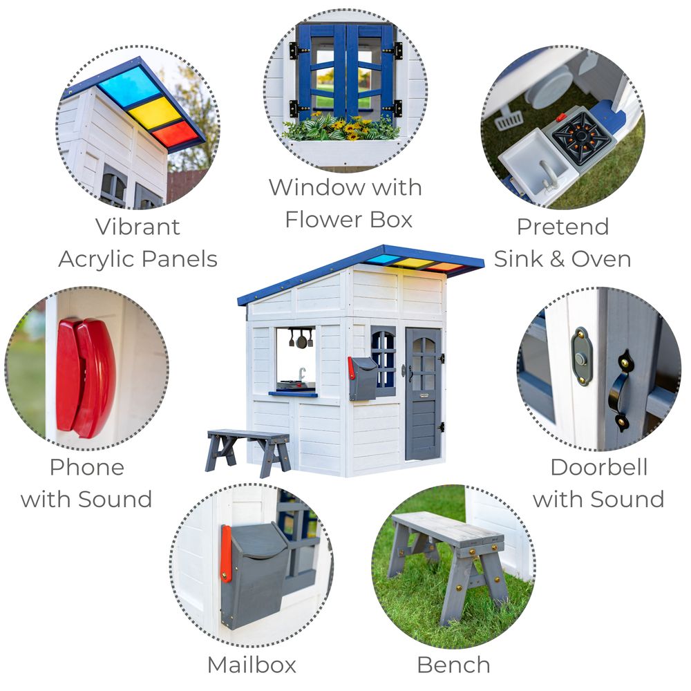 Rainbow Shade Wooden Playhouse with Kitchen, Flower Box & Bench - White