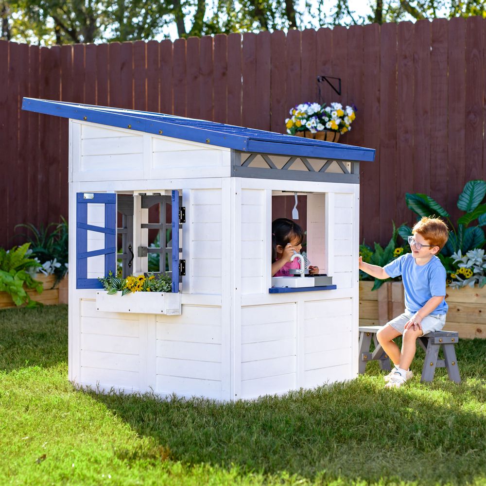 Rainbow Shade Wooden Playhouse with Kitchen, Flower Box & Bench - White