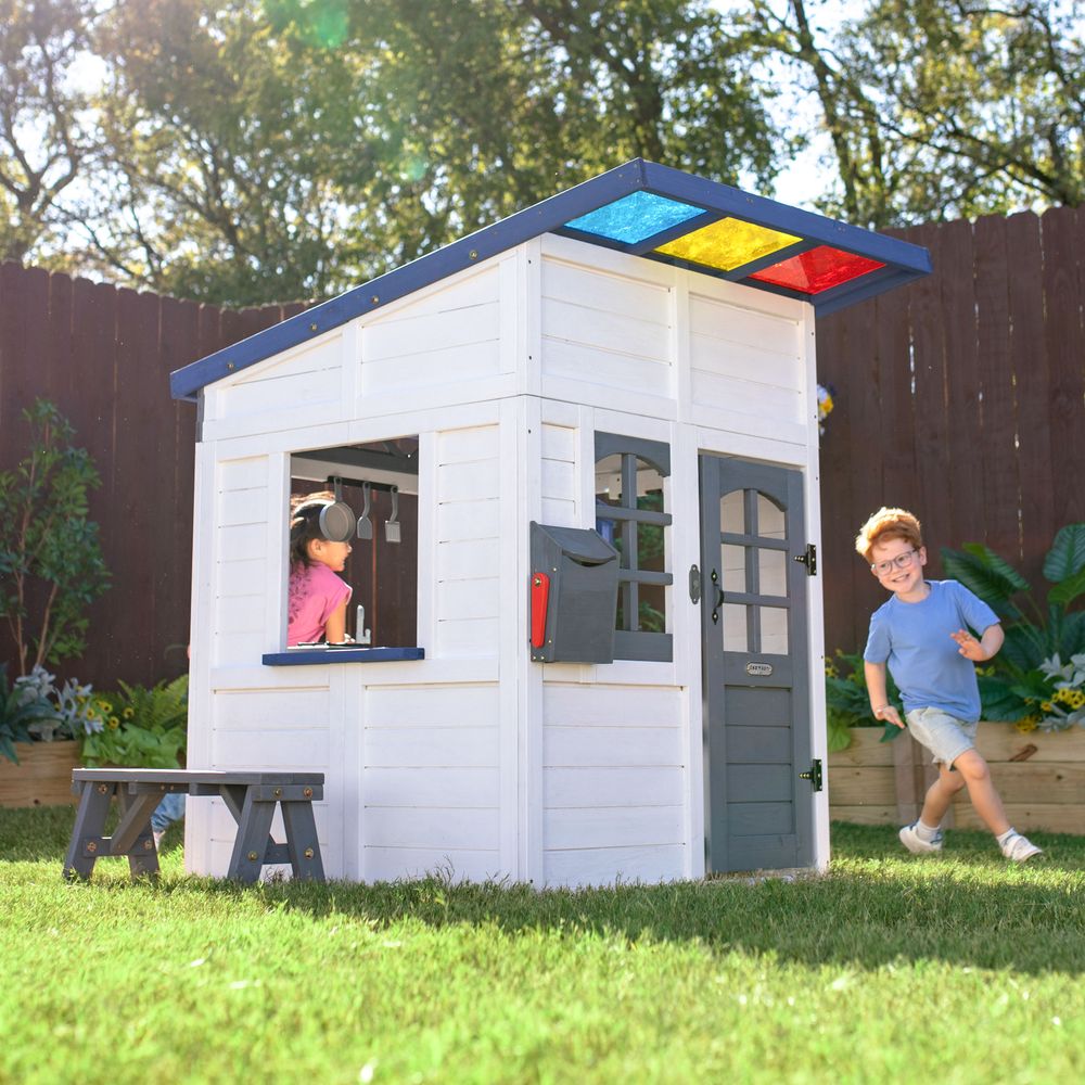 Rainbow Shade Wooden Playhouse with Kitchen, Flower Box & Bench - White