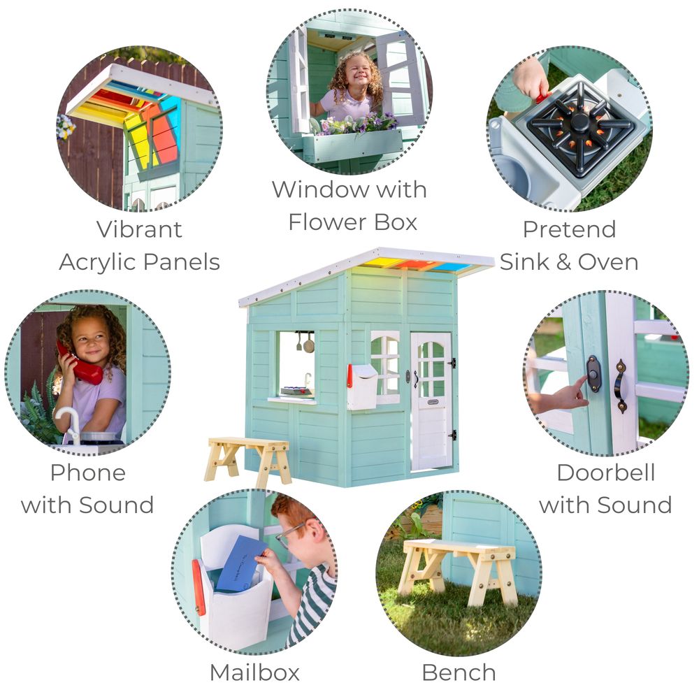 Rainbow Shade Wooden Playhouse with Kitchen, Flower Box & Bench - Blue