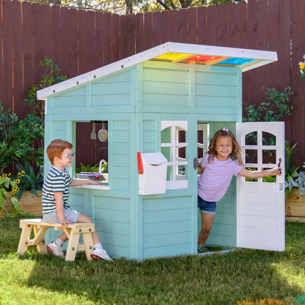 Rainbow Shade Wooden Playhouse with Kitchen, Flower Box & Bench - Blue