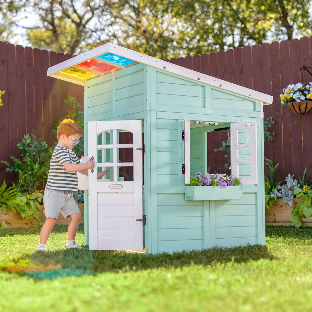 Rainbow Shade Wooden Playhouse with Kitchen, Flower Box & Bench - Blue