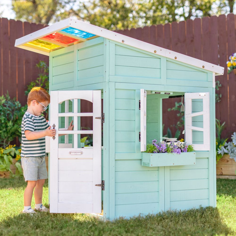 Rainbow Shade Wooden Playhouse with Kitchen, Flower Box & Bench - Blue