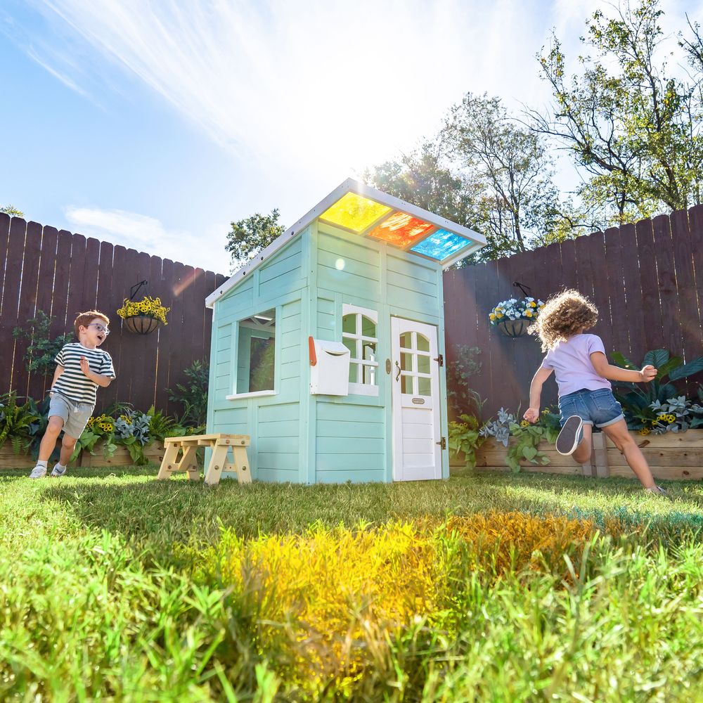 Rainbow Shade Wooden Playhouse with Kitchen, Flower Box & Bench - Blue