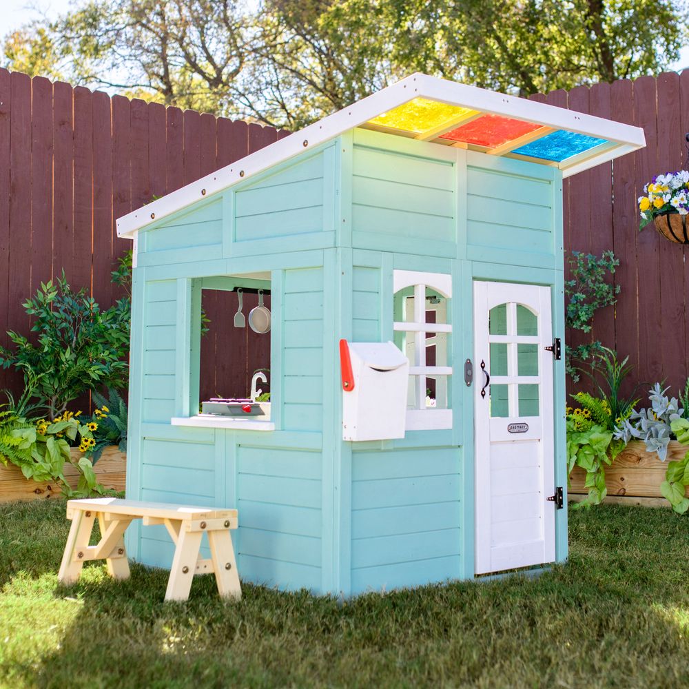 Rainbow Shade Wooden Playhouse with Kitchen, Flower Box & Bench - Blue