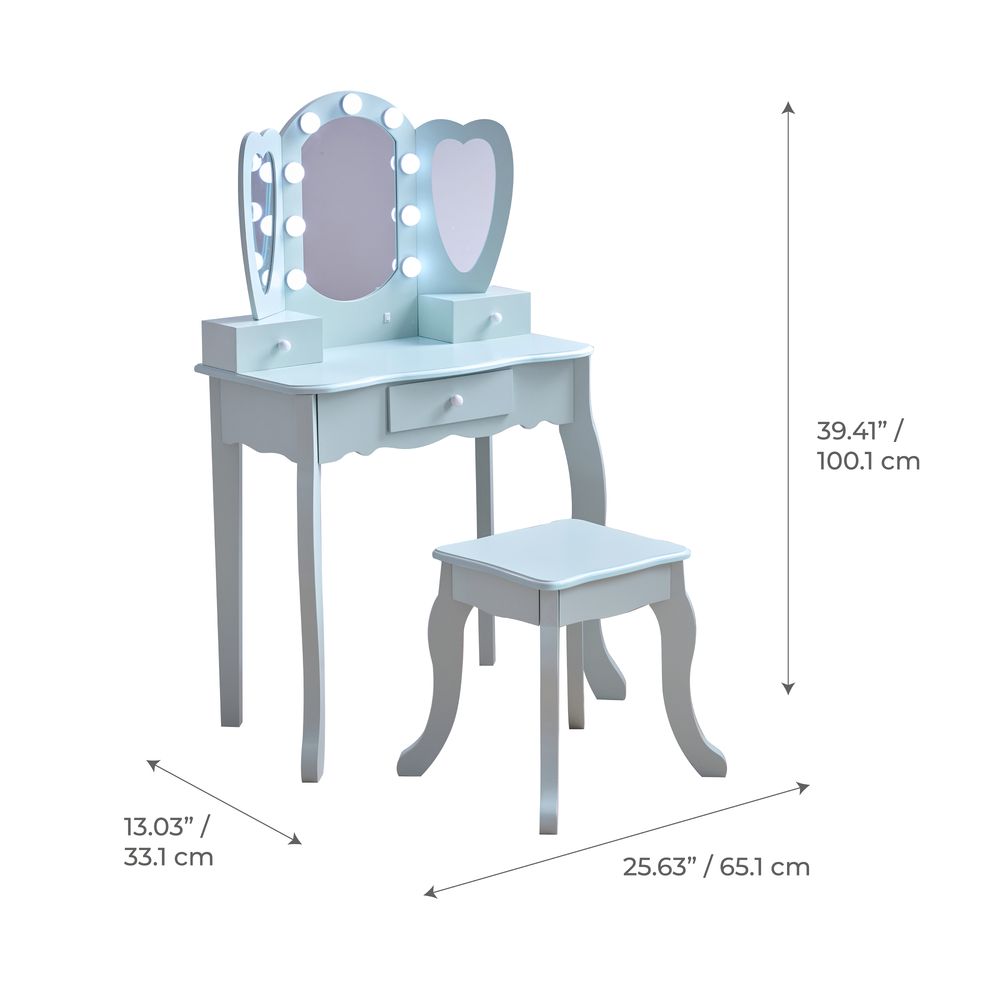 Heart Glow Wooden Vanity Set with LED Lights Mirror & Stool - Blue