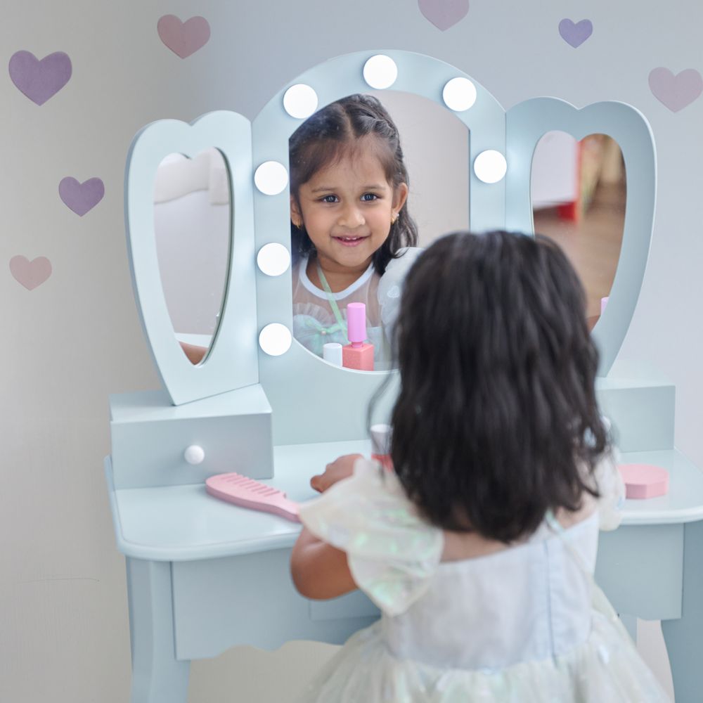 Heart Glow Wooden Vanity Set with LED Lights Mirror & Stool - Blue