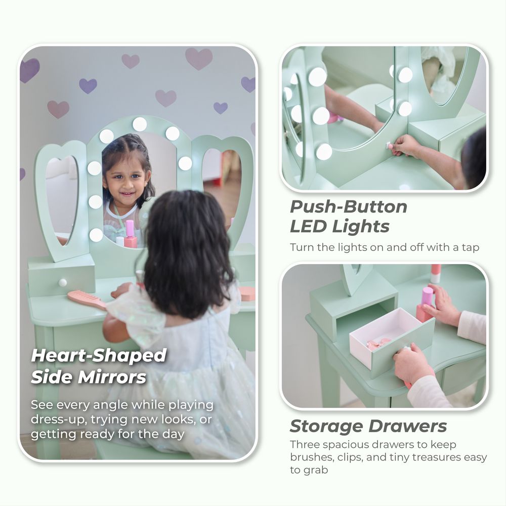 Heart Glow Wooden Vanity Set with LED Lights Mirror & Stool - Sage Green