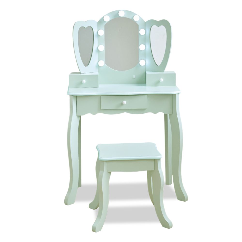 Heart Glow Wooden Vanity Set with LED Lights Mirror & Stool - Sage Green