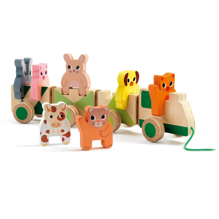 Djeco -  Trainimo Farm Wooden Pull-Along Activity Toy -  Preschool
