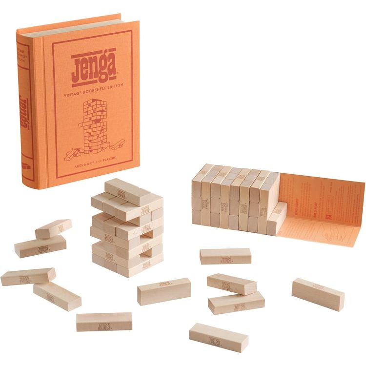  WS Game Company -  Vintage Bookshelf Assortment - 4 Pack - Jenga, Battleship, Checkers & Backgammon, Trivial Pursuit -  Games