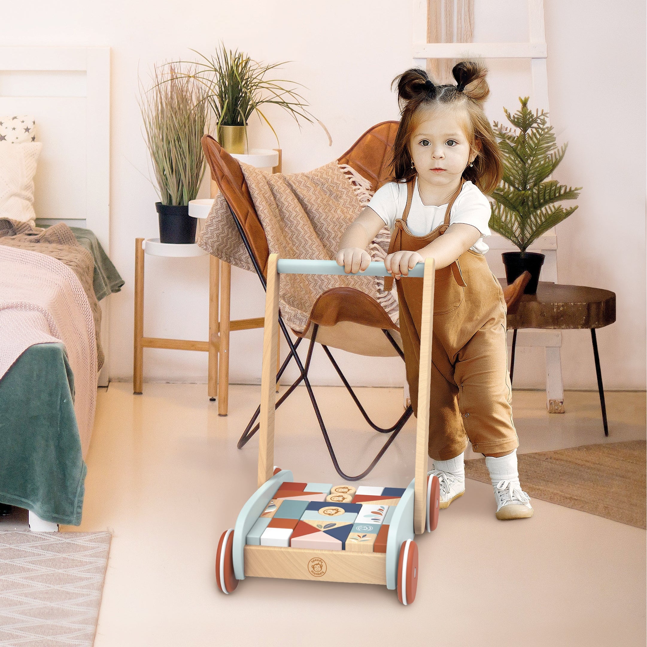  Speedy Monkey -  Wooden Walker with Building Blocks -  Infants