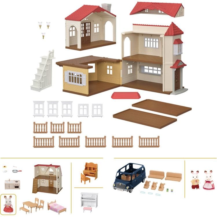 Calico Critters Collectibles Calico Critters Red Roof Grand Mansion Dollhouse Playset with 3 Figures, Furniture, Vehicle and Accessories