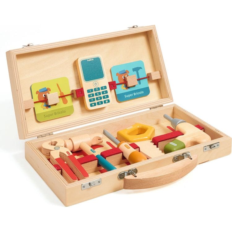 Djeco Preschool Super Bricolo Pretend Play Wooden Toolbox