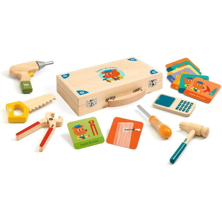 Djeco Preschool Super Bricolo Pretend Play Wooden Toolbox