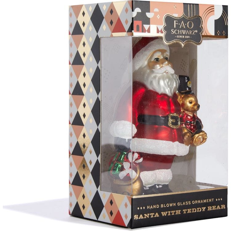 FAO Schwarz Holiday Santa & Teddy Bear Glass Ornament