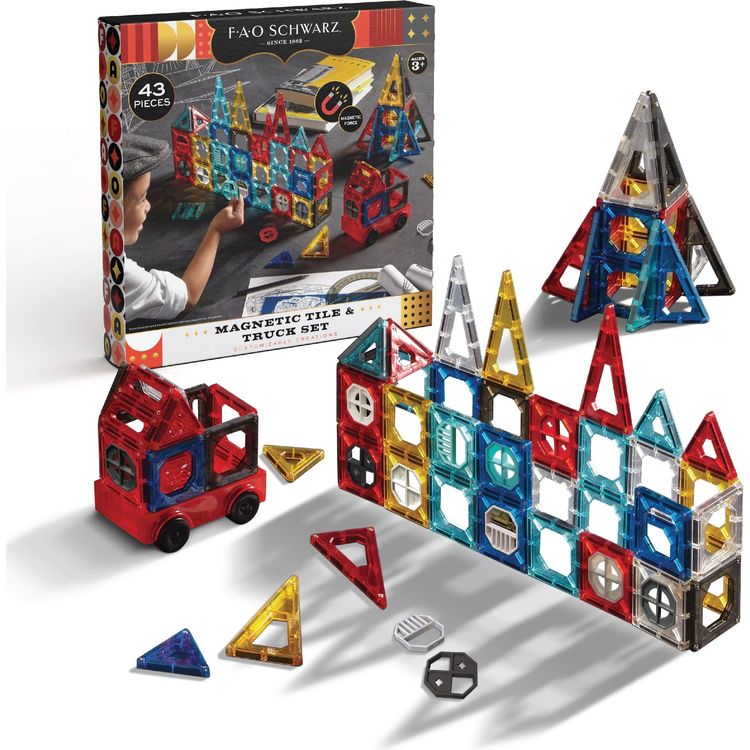 FAO Schwarz Preschool Toy Magnetic Tile and Truck Set 43 pcs