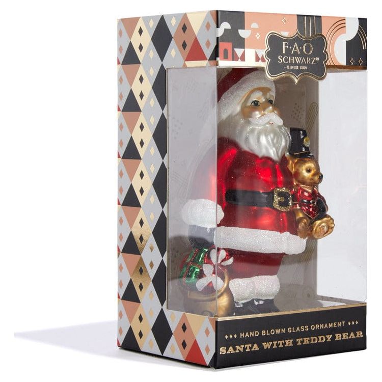 FAO Schwarz Souvenirs Ornament Glass Santa with Teddy Bear 3.15 x 5.43"