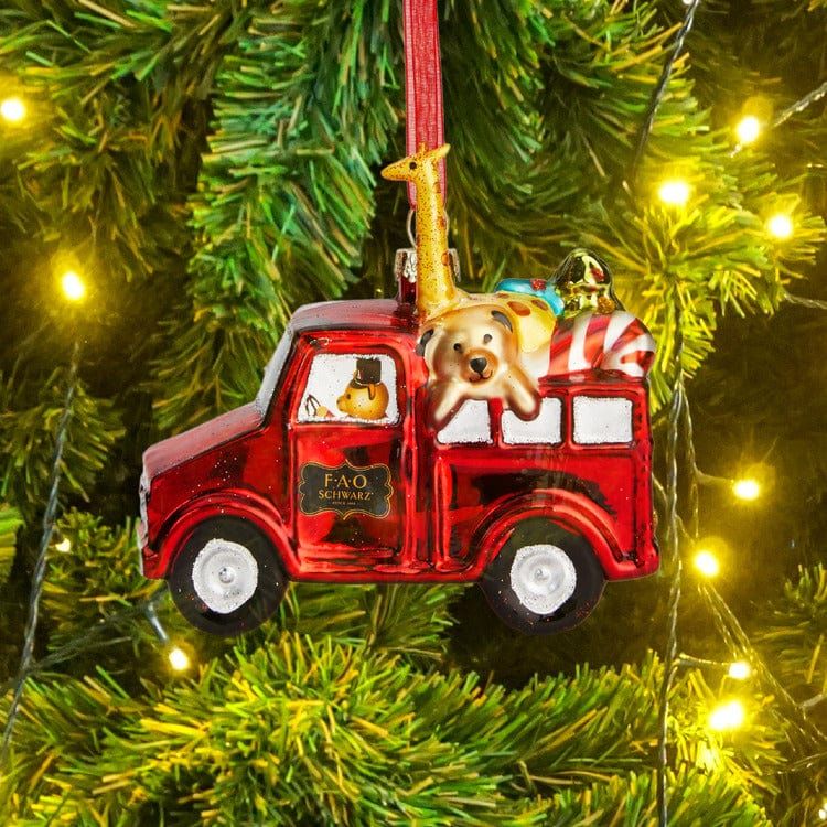 FAO Schwarz Souvenirs Ornament Glass Toy Delivery Truck 4.13 x 3.74"