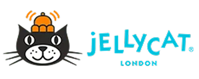 Jellycat logo with a black cat face and orange hat on a white background