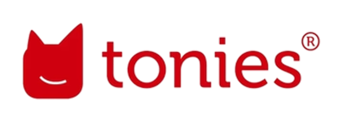 Tonies logo with a red cat-like icon and brand name on a white background