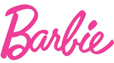 Barbie logo in pink cursive font on a white background