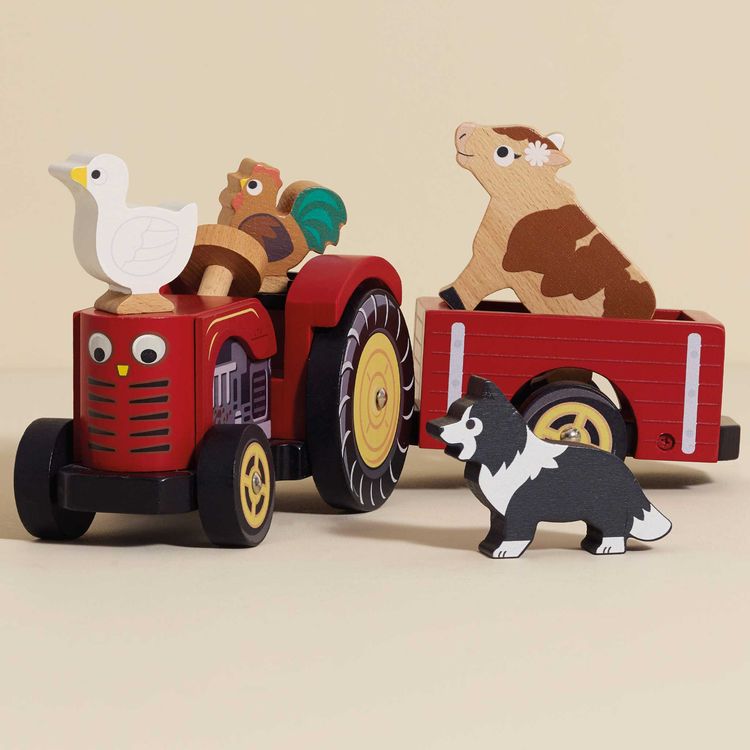 Le Toy Van Preschool Wooden Farmyard Tractor & Trailer Toy
