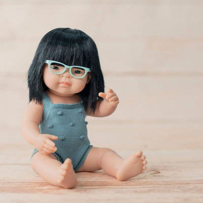 miniland Dolls 15" Baby Doll Asian Girl with Glasses