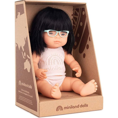 miniland Dolls 15" Baby Doll Asian Girl with Glasses