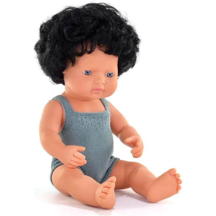 miniland Dolls 15" Baby Doll Caucasian Boy with Curly Black Hair