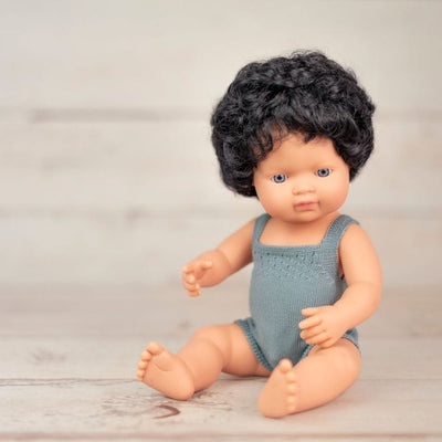 miniland Dolls 15" Baby Doll Caucasian Boy with Curly Black Hair