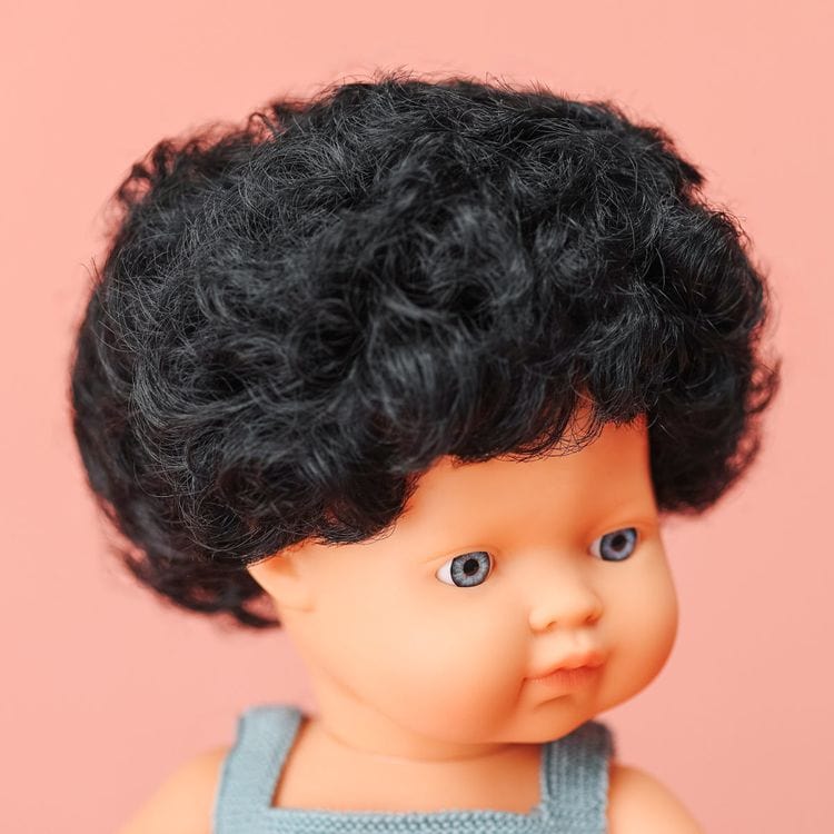 miniland Dolls 15" Baby Doll Caucasian Boy with Curly Black Hair