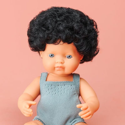 miniland Dolls 15" Baby Doll Caucasian Boy with Curly Black Hair