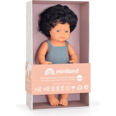 miniland Dolls 15" Baby Doll Caucasian Boy with Curly Black Hair