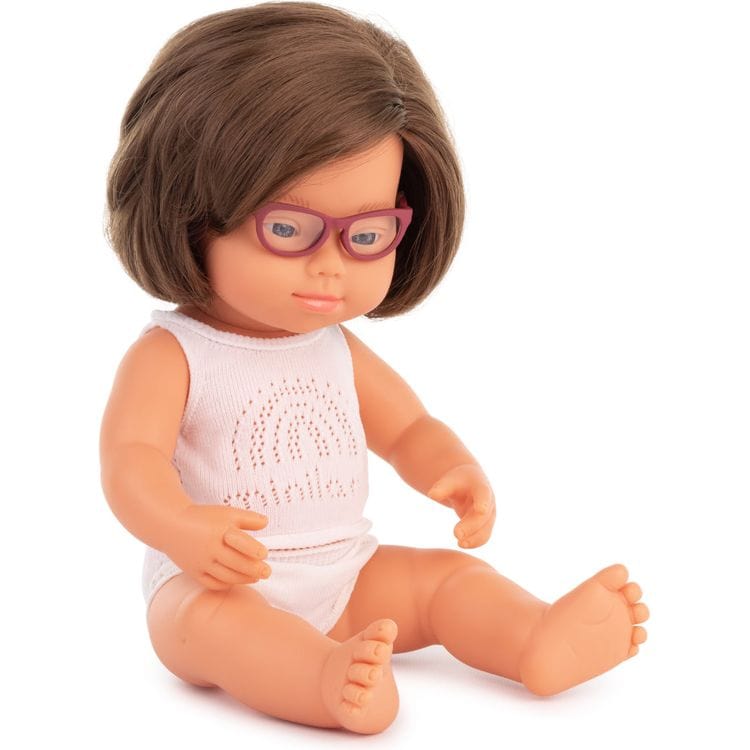 miniland Dolls 15" Baby Doll Caucasian Girl Down Syndrome with Glasses