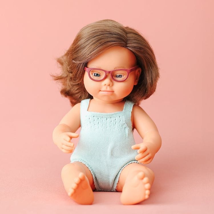 miniland Dolls 15" Baby Doll Caucasian Girl Down Syndrome with Glasses